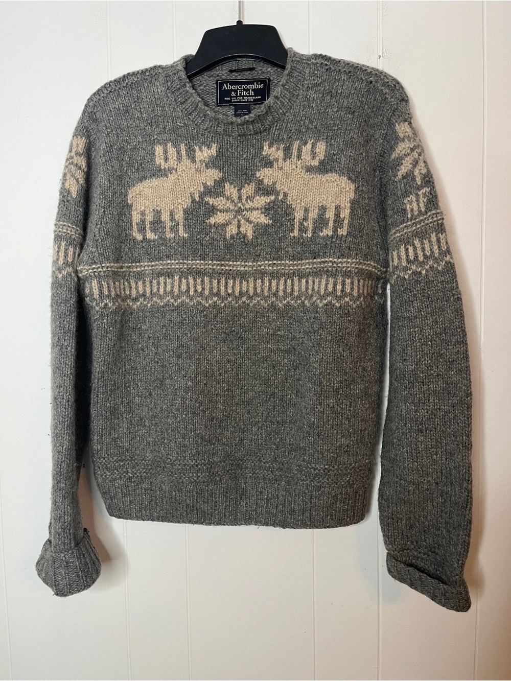 Abercrombie & Fitch 100% Wool Handknit Gray Moose Fair Isle Wool Sweater Size L